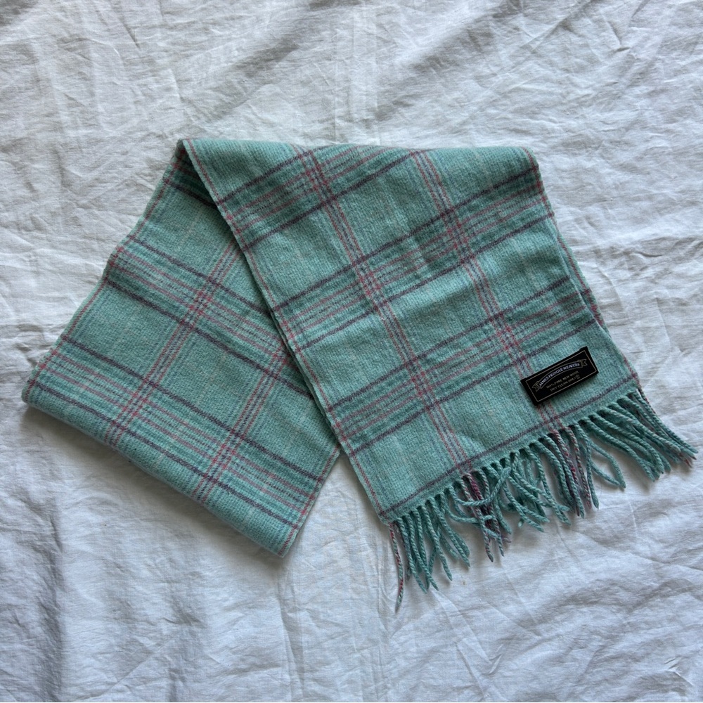 Vintage Light Blue Plaid 100% Wool Scarf